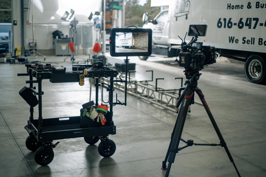 Modern television studio set with cameras and lighting rigs